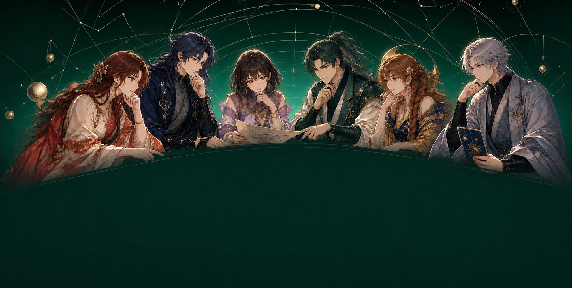 六人の神が卓を囲み、星図をのぞきこんでいる
