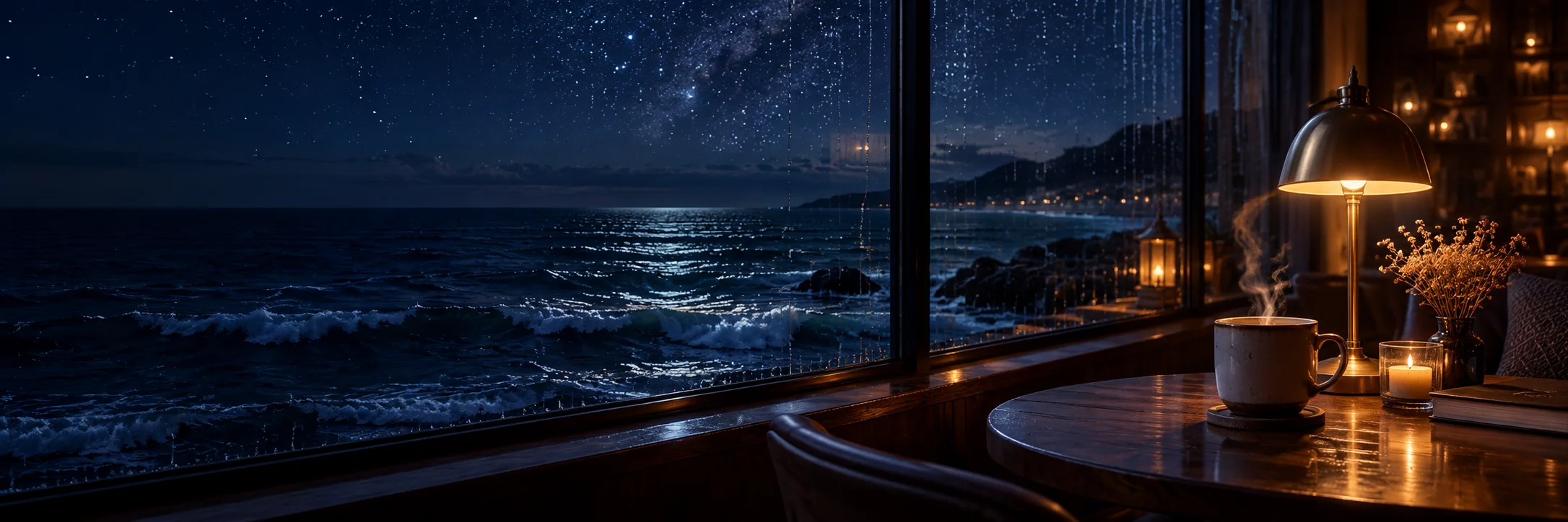 雨の窓越しに海と星空を眺める、暖かな灯りのカフェ