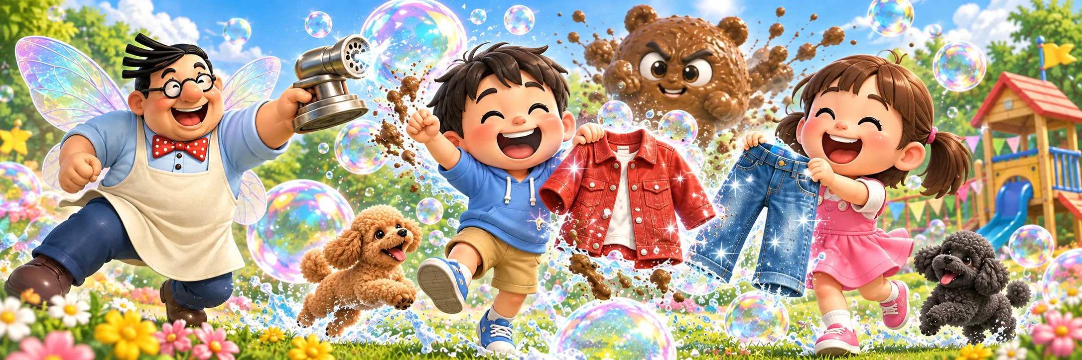 クボタくんの泡できれいになった服を大きく掲げて喜ぶ子どもたち。足元に犬たち、奥にはどろんこ大王