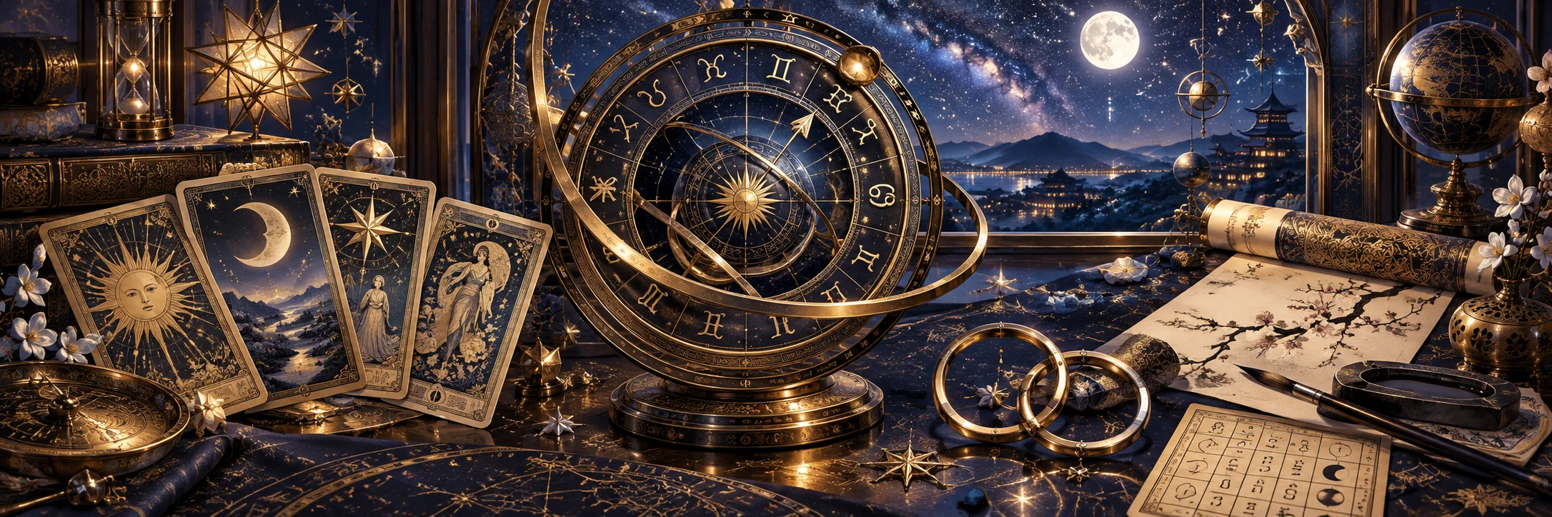 星の図、タロット、姓名判断の書が広がる占いの世界
