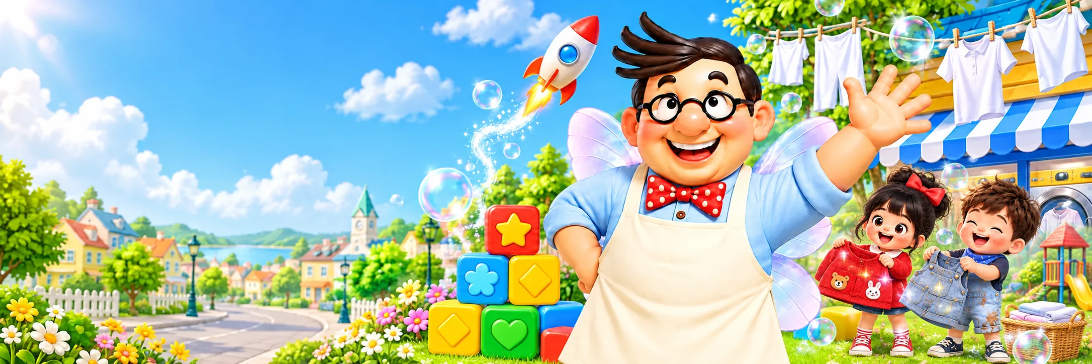 クボタくんが迎えるゲームの街。ロケットやブロック、きれいになった服を喜ぶ子どもたち
