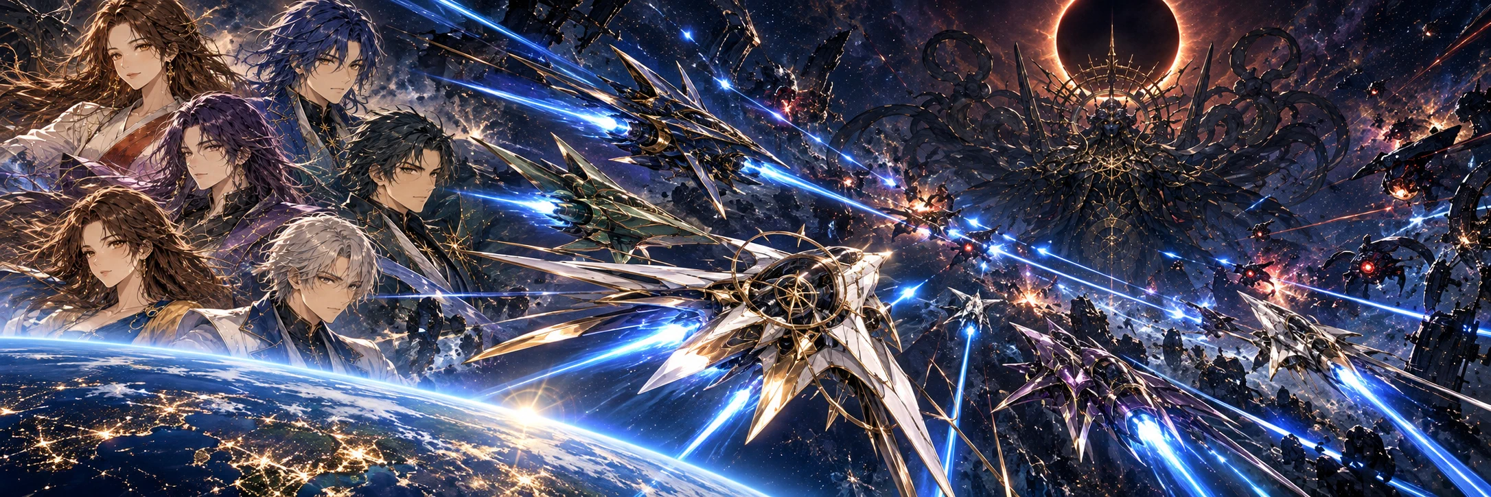 六神の神装機が宇宙を駆け、巨大な敵に光の弾を放つ